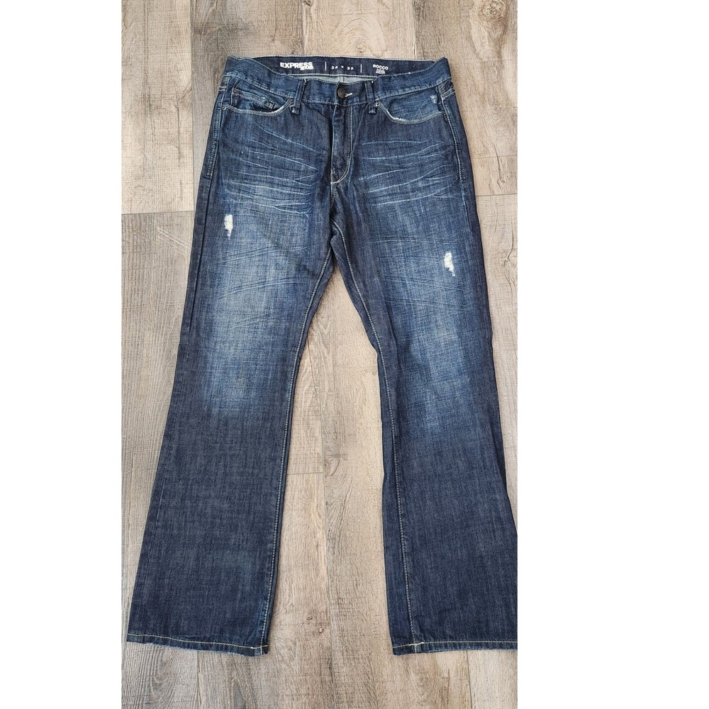 Mens Express Rocco Slim Fit Bootcut Low RiseJeans 34x32 Dark Denim Distressed
